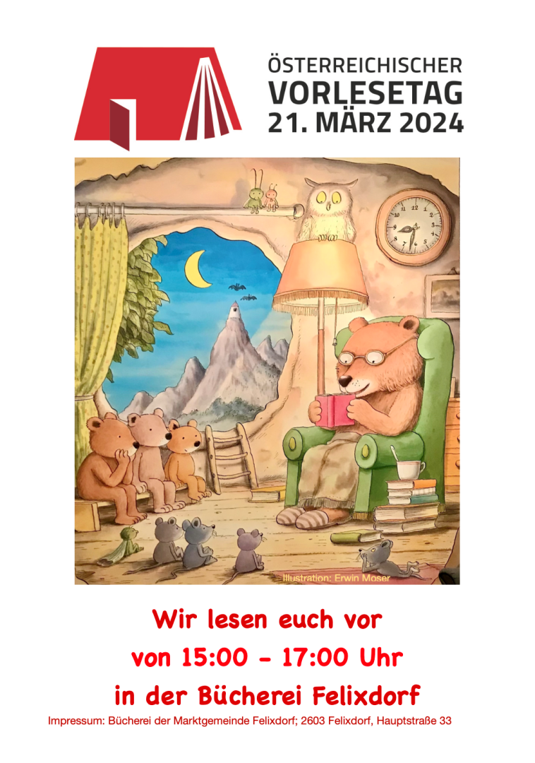 Plakat zur Veranstaltung Vorlesetag, Bücherei Felixdorf am 23.03.2023