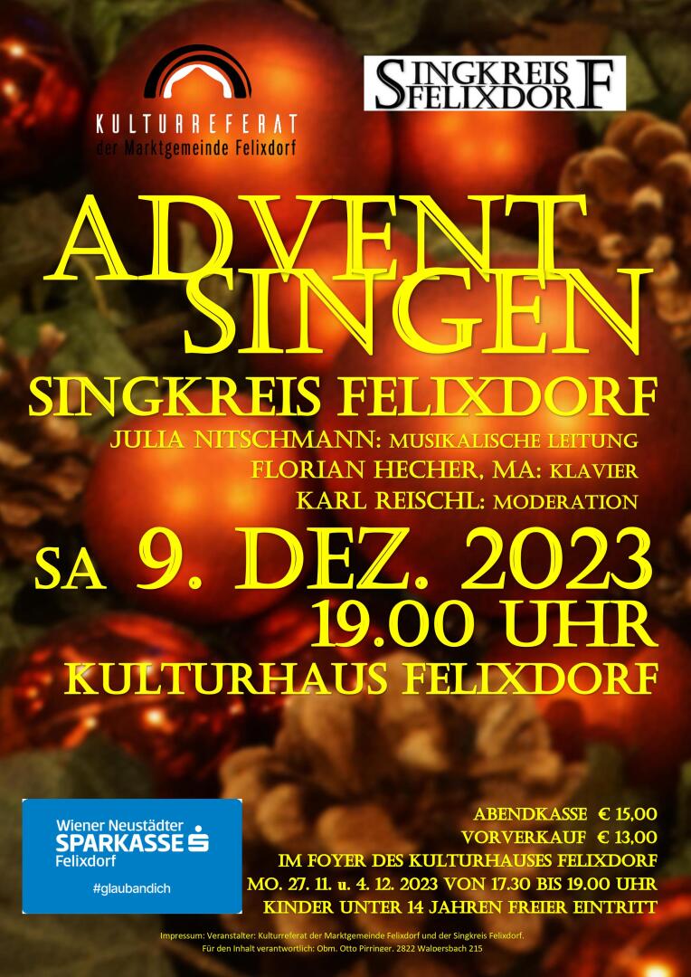 Plakat zur Veranstaltung Adventsingen des Singkreis Felixdorf am 09.12.2023
